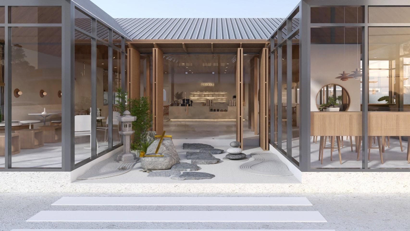 หน้าร้าน MINDMOST COFFEE สไตล์มินิมอลญี่ปุ่น พร้อมสวนหินเซน